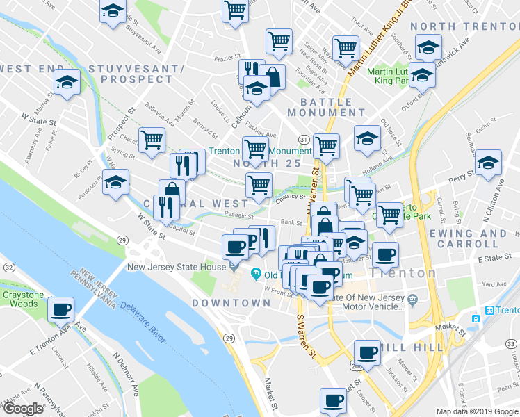 map of restaurants, bars, coffee shops, grocery stores, and more near 23 Spring Street in Trenton