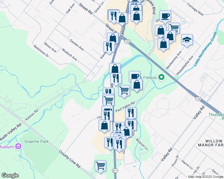 map of restaurants, bars, coffee shops, grocery stores, and more near 401 Easton Road in Warrington
