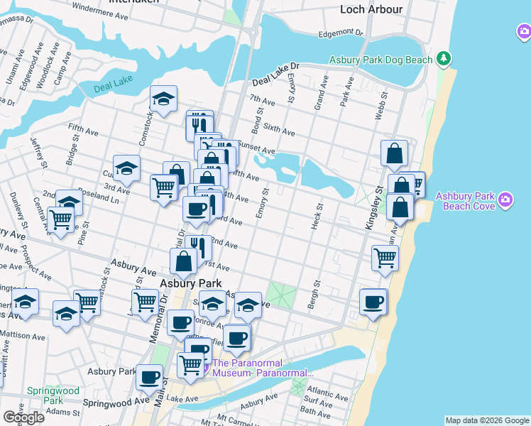 map of restaurants, bars, coffee shops, grocery stores, and more near 511 4th Avenue in Asbury Park