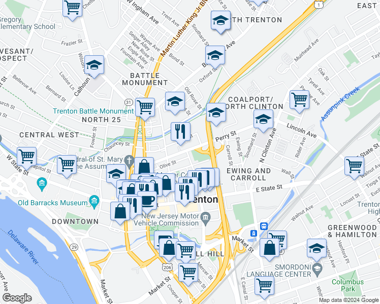 map of restaurants, bars, coffee shops, grocery stores, and more near 320 Perry Street in Trenton