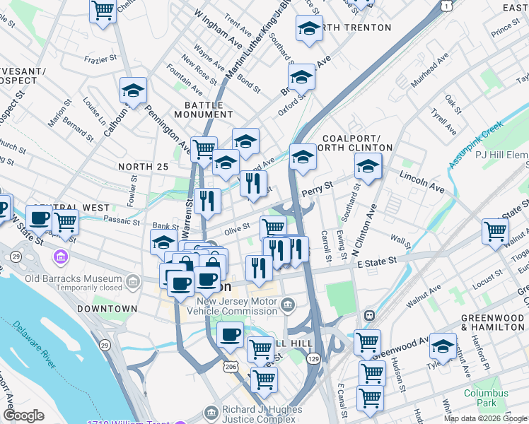 map of restaurants, bars, coffee shops, grocery stores, and more near 320 Perry Street in Trenton
