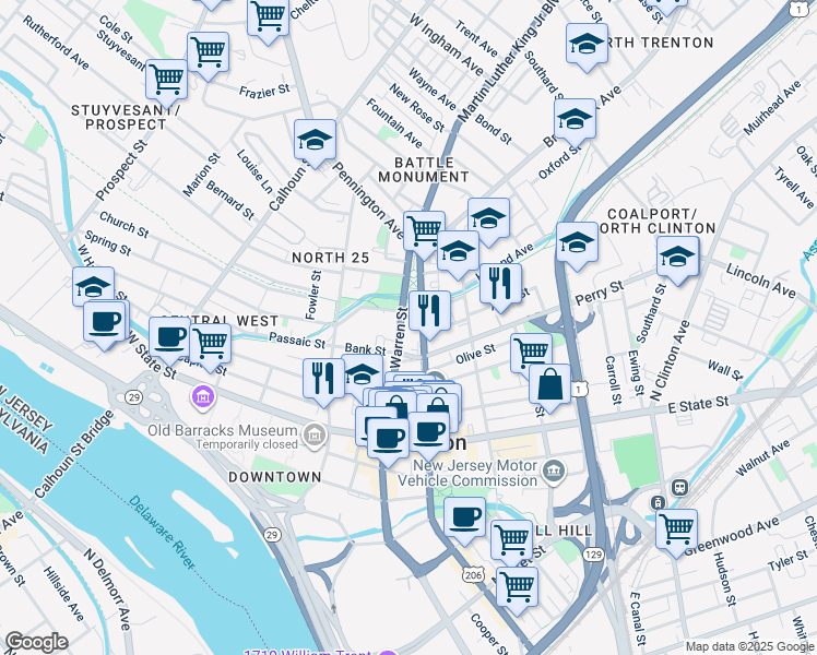 map of restaurants, bars, coffee shops, grocery stores, and more near 245 North Broad Street in Trenton