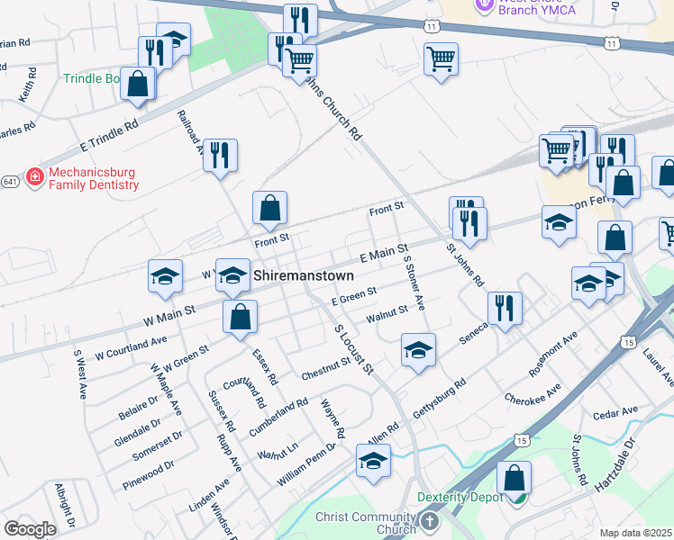 map of restaurants, bars, coffee shops, grocery stores, and more near 208 East Main Street in Shiremanstown