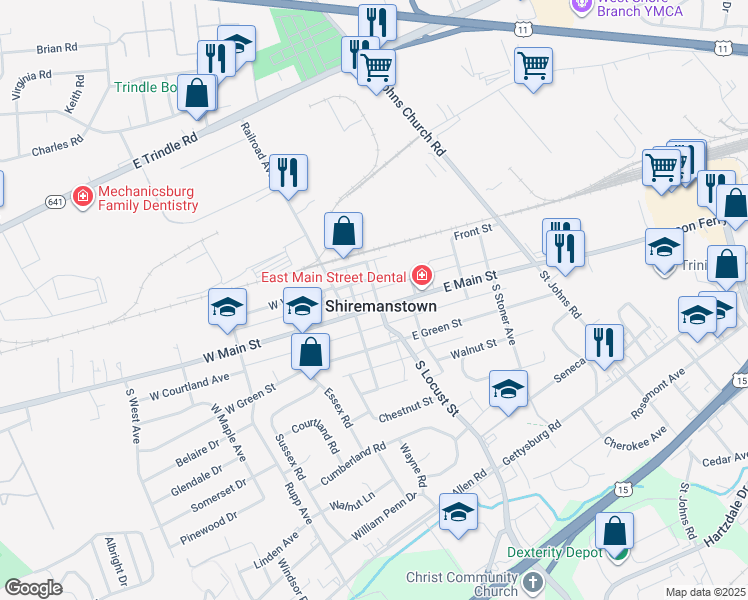 map of restaurants, bars, coffee shops, grocery stores, and more near 14 East Vine Street in Shiremanstown