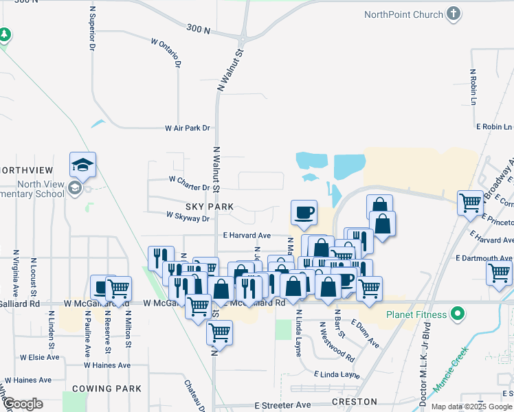 map of restaurants, bars, coffee shops, grocery stores, and more near 220 East Oldfield Lane in Muncie