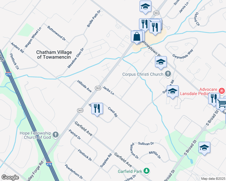 map of restaurants, bars, coffee shops, grocery stores, and more near 1638 Clearbrook Road in Lansdale