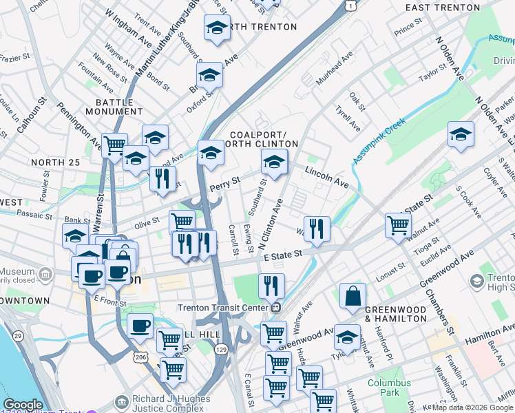 map of restaurants, bars, coffee shops, grocery stores, and more near 45 Southard Street in Trenton