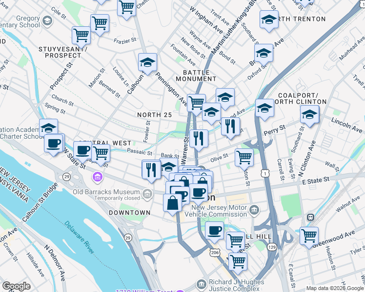 map of restaurants, bars, coffee shops, grocery stores, and more near 227 North Warren Street in Trenton