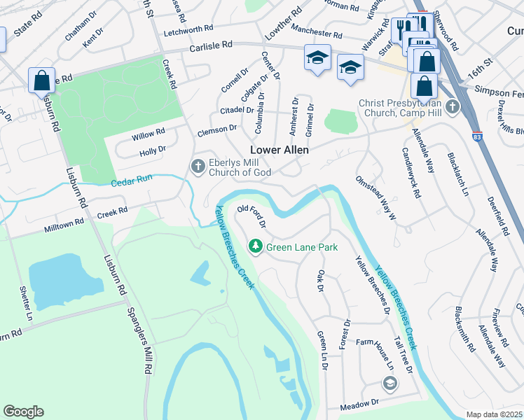 map of restaurants, bars, coffee shops, grocery stores, and more near 132 Old Ford Drive in Camp Hill