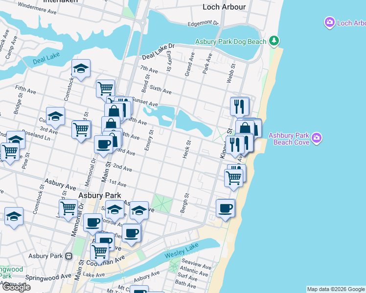 map of restaurants, bars, coffee shops, grocery stores, and more near 403 4th Avenue in Asbury Park