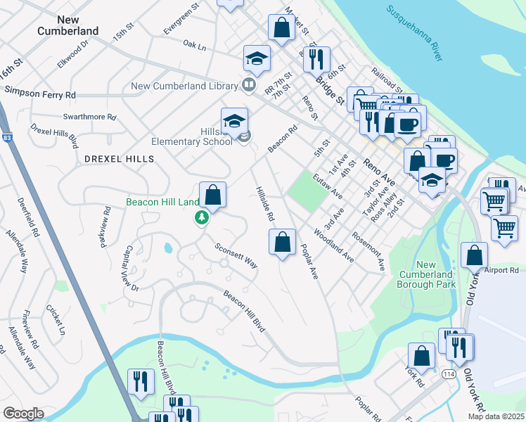 map of restaurants, bars, coffee shops, grocery stores, and more near 420 Hillside Road in New Cumberland