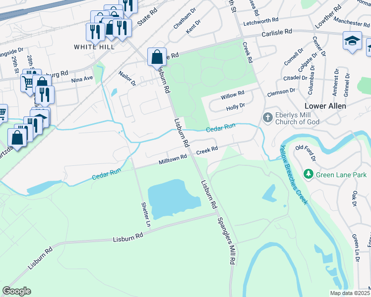 map of restaurants, bars, coffee shops, grocery stores, and more near 850 Lisburn Road in Camp Hill