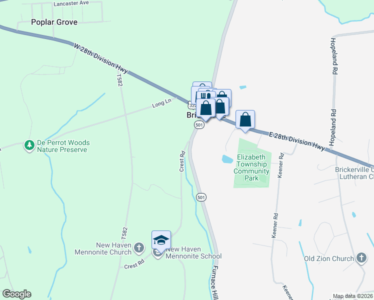 map of restaurants, bars, coffee shops, grocery stores, and more near 1630 Pennsylvania 501 in Lititz
