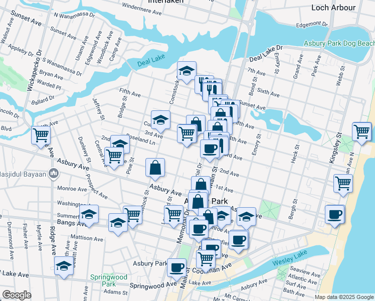 map of restaurants, bars, coffee shops, grocery stores, and more near 1007 Memorial Drive in Asbury Park