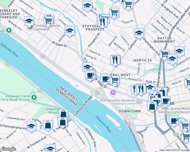 map of restaurants, bars, coffee shops, grocery stores, and more near 350 West State Street in Trenton