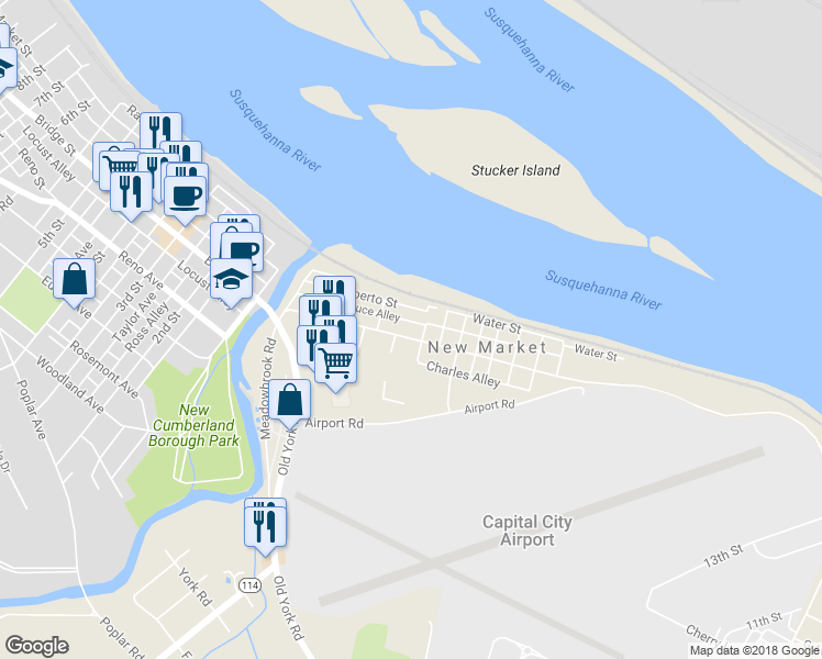 map of restaurants, bars, coffee shops, grocery stores, and more near 214 Ross Avenue in New Cumberland