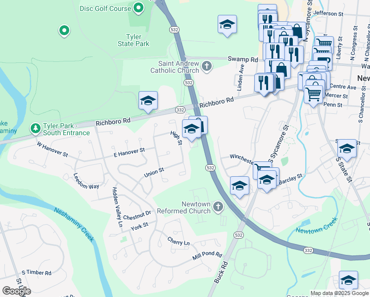 map of restaurants, bars, coffee shops, grocery stores, and more near 145 High Street in Newtown