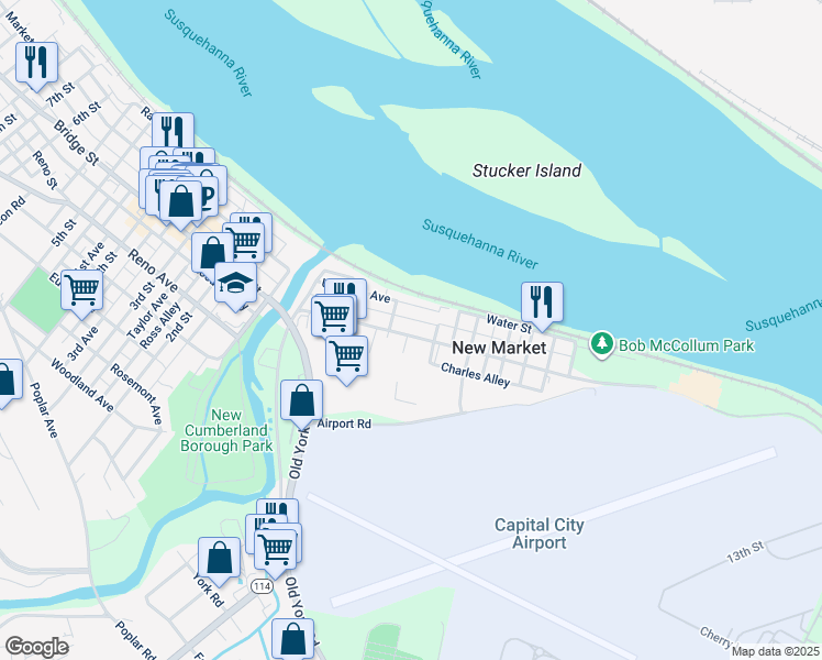 map of restaurants, bars, coffee shops, grocery stores, and more near 208 Ross Avenue in New Cumberland