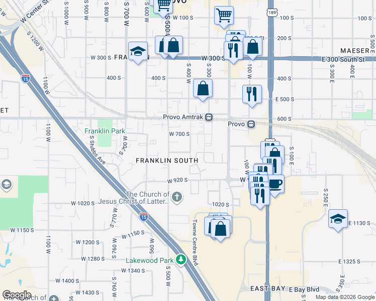 map of restaurants, bars, coffee shops, grocery stores, and more near 756 South 400 West in Provo