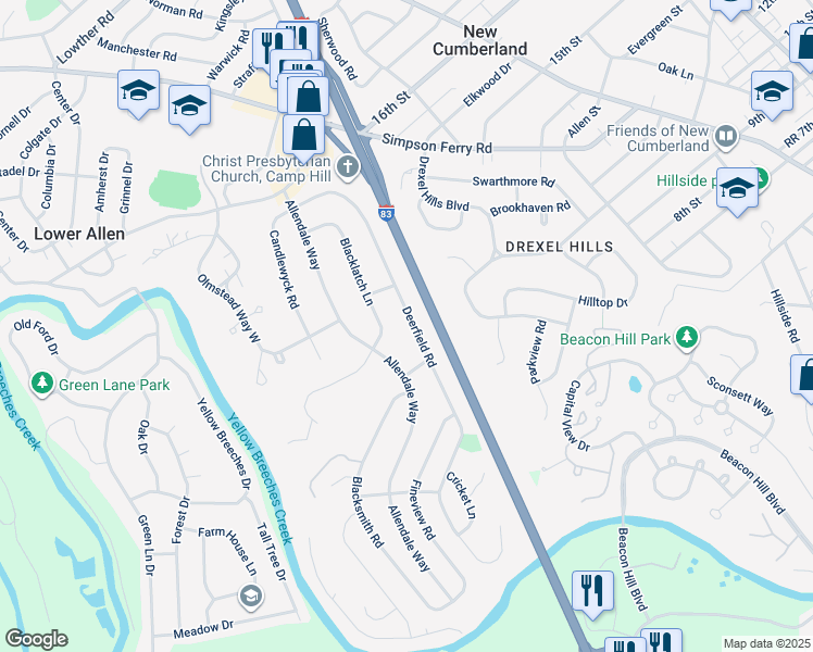 map of restaurants, bars, coffee shops, grocery stores, and more near 316 Deerfield Road in Camp Hill
