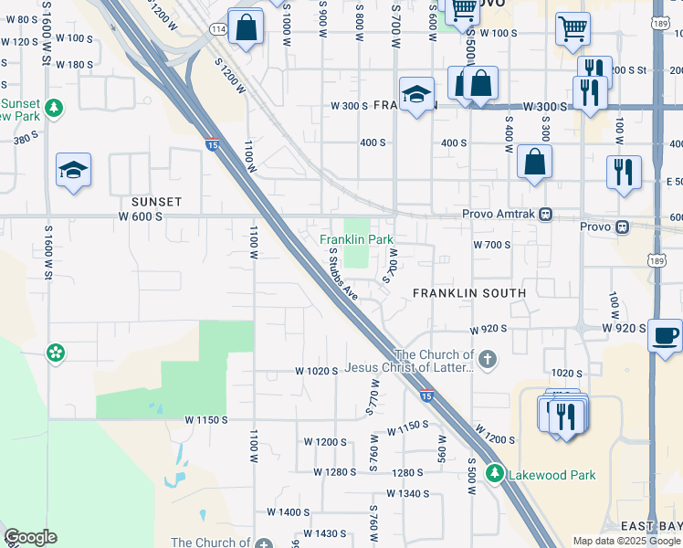 map of restaurants, bars, coffee shops, grocery stores, and more near 717 South Stubbs Avenue in Provo