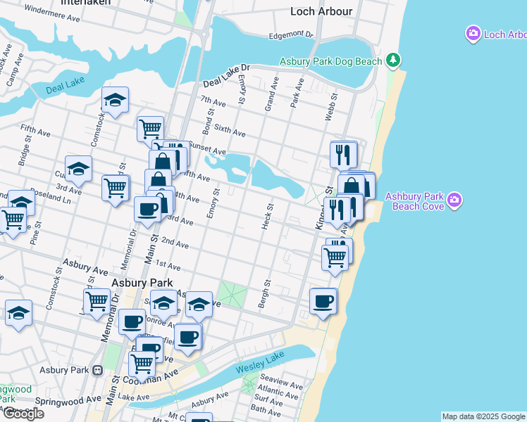 map of restaurants, bars, coffee shops, grocery stores, and more near 1209 Heck Street in Asbury Park