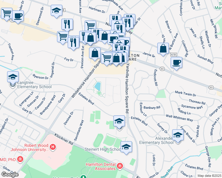 map of restaurants, bars, coffee shops, grocery stores, and more near 27 Dove Court in Trenton