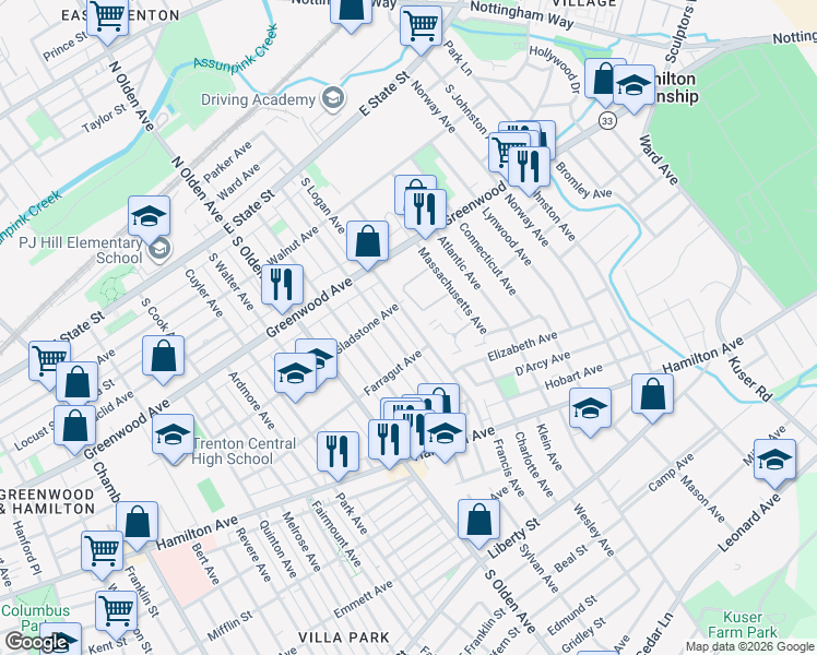 map of restaurants, bars, coffee shops, grocery stores, and more near 293 South Logan Avenue in Trenton