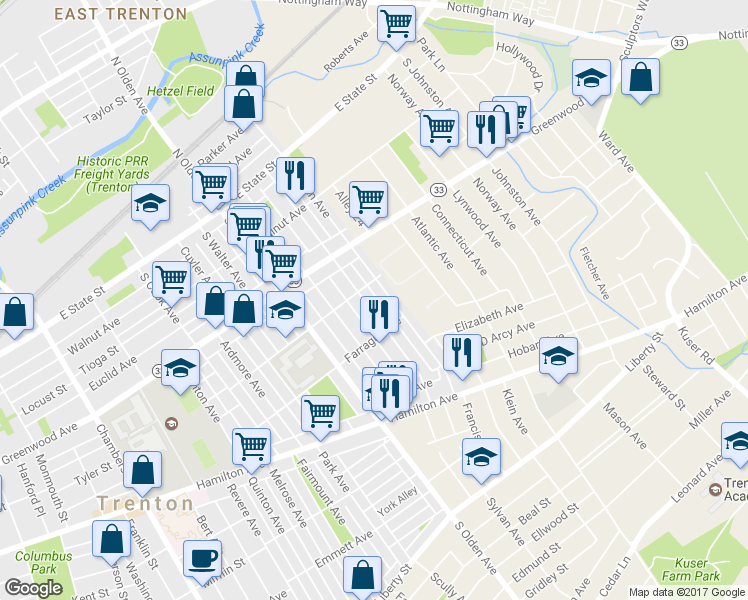 map of restaurants, bars, coffee shops, grocery stores, and more near 293 South Logan Avenue in Trenton