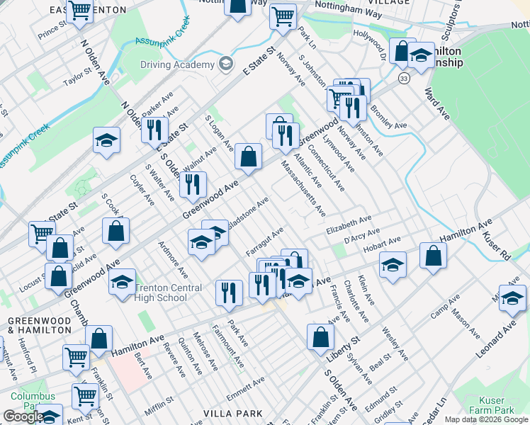 map of restaurants, bars, coffee shops, grocery stores, and more near 293 South Logan Avenue in Trenton