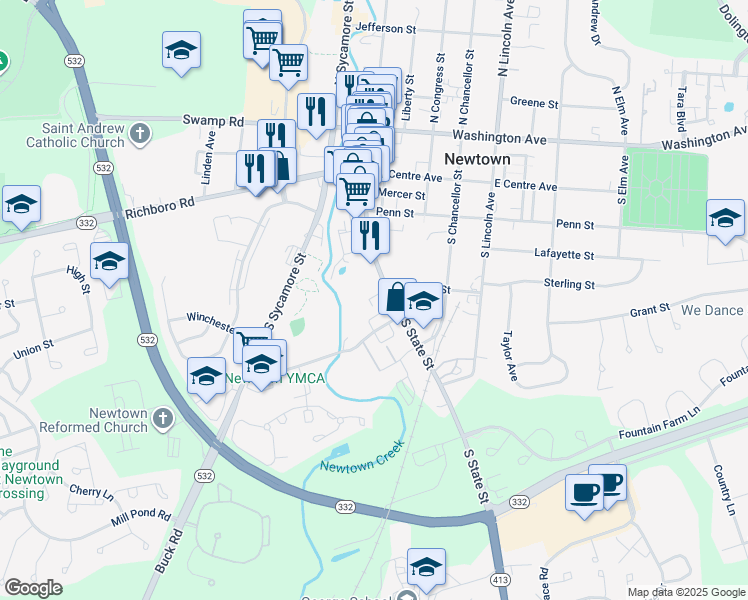 map of restaurants, bars, coffee shops, grocery stores, and more near 258 South State Street in Newtown