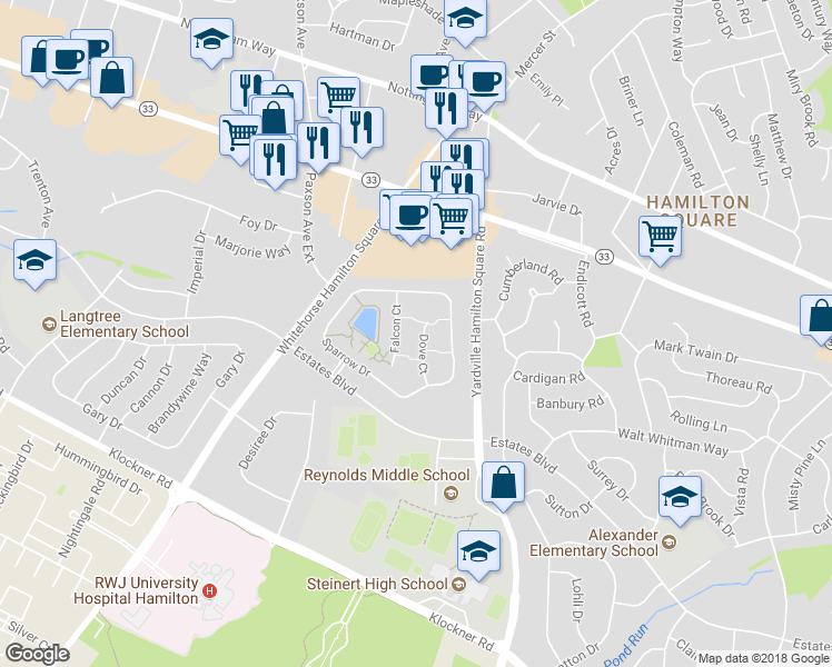 map of restaurants, bars, coffee shops, grocery stores, and more near 27 Dove Court in Trenton