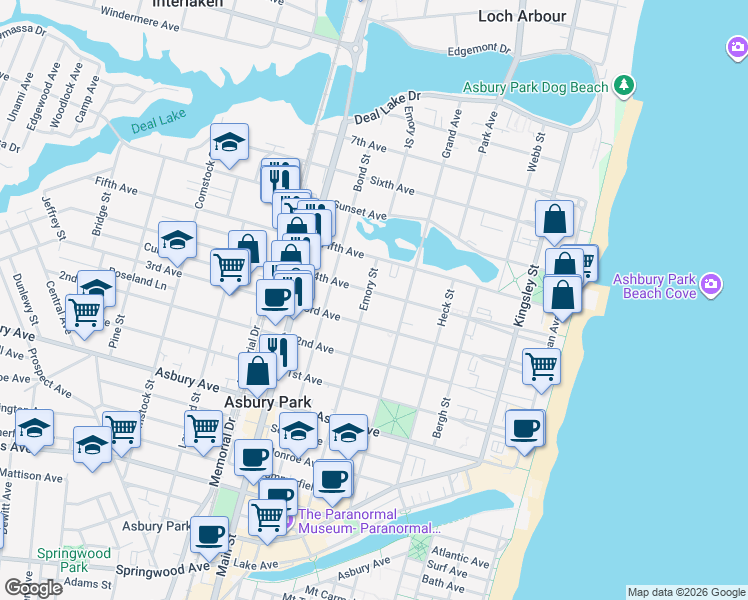 map of restaurants, bars, coffee shops, grocery stores, and more near 511 4th Avenue in Asbury Park