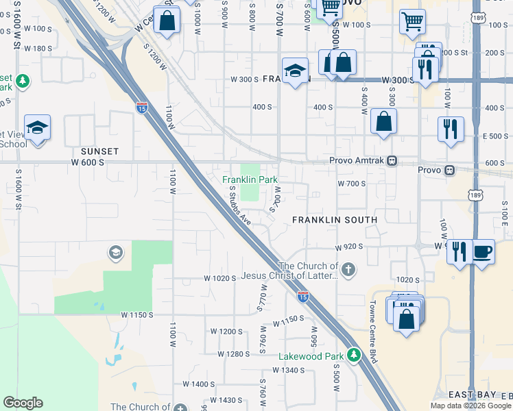 map of restaurants, bars, coffee shops, grocery stores, and more near 712 South 760 West in Provo