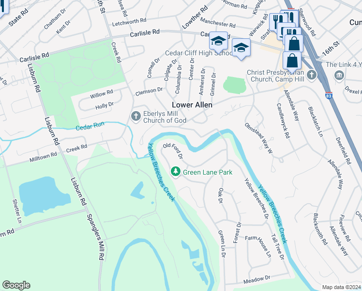 map of restaurants, bars, coffee shops, grocery stores, and more near 132 Old Ford Drive in Camp Hill