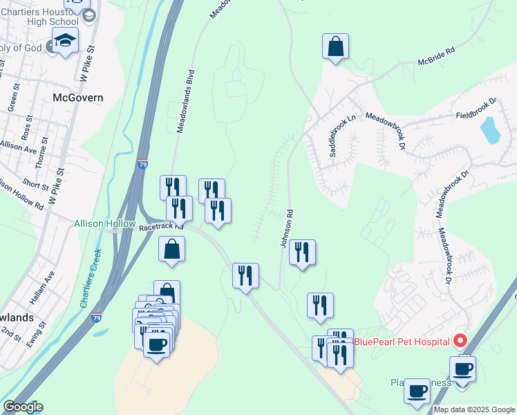 map of restaurants, bars, coffee shops, grocery stores, and more near 140 Trotwood Drive in Canonsburg