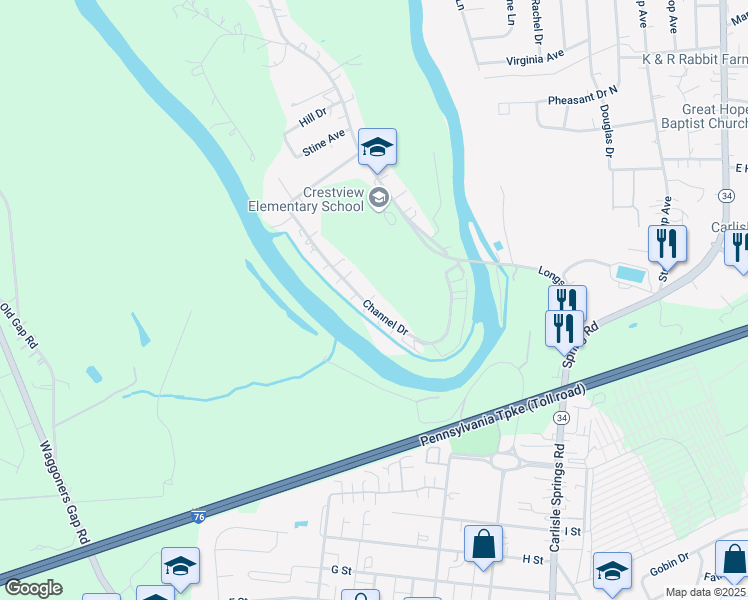 map of restaurants, bars, coffee shops, grocery stores, and more near 80 Channel Dr in Carlisle