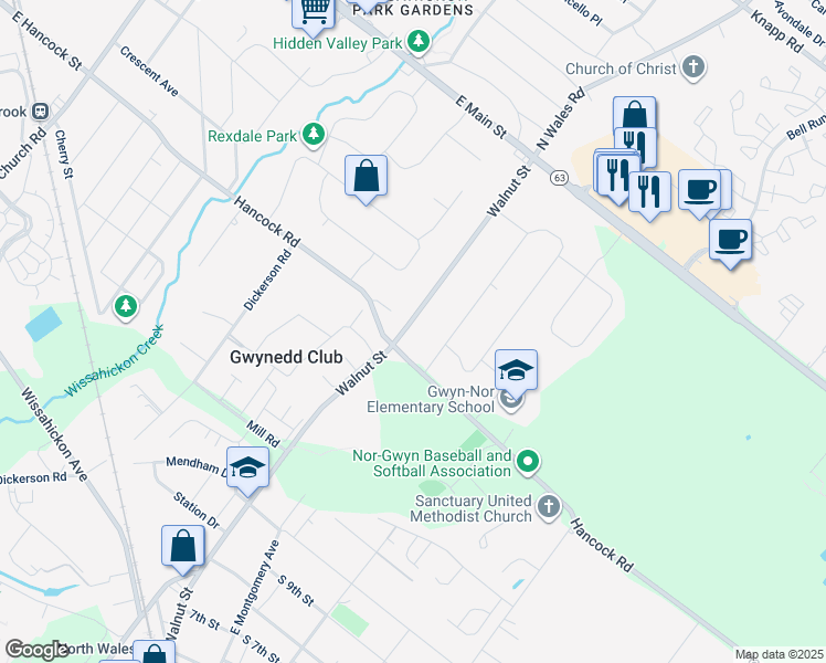 map of restaurants, bars, coffee shops, grocery stores, and more near 1408 North Wales Road in North Wales