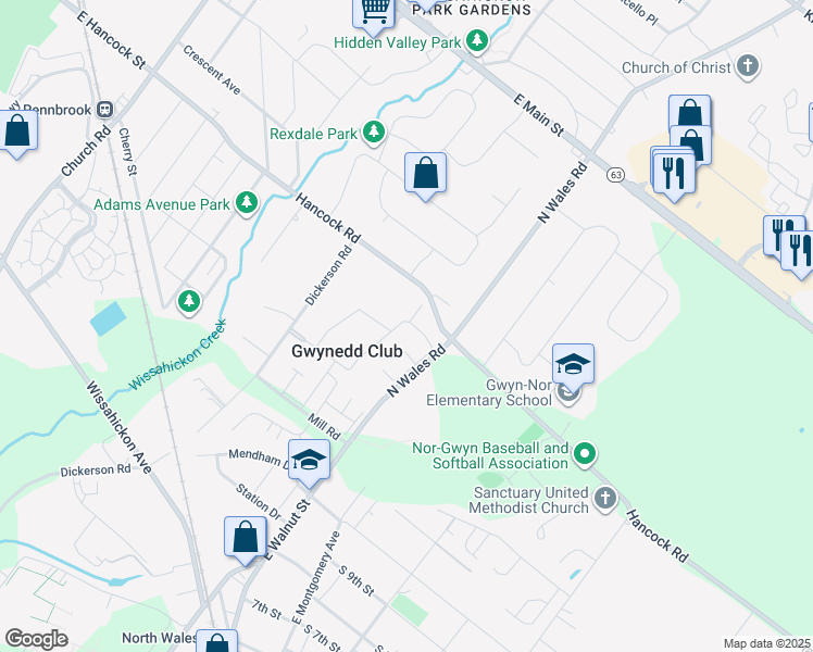 map of restaurants, bars, coffee shops, grocery stores, and more near 26 Derry Drive in North Wales