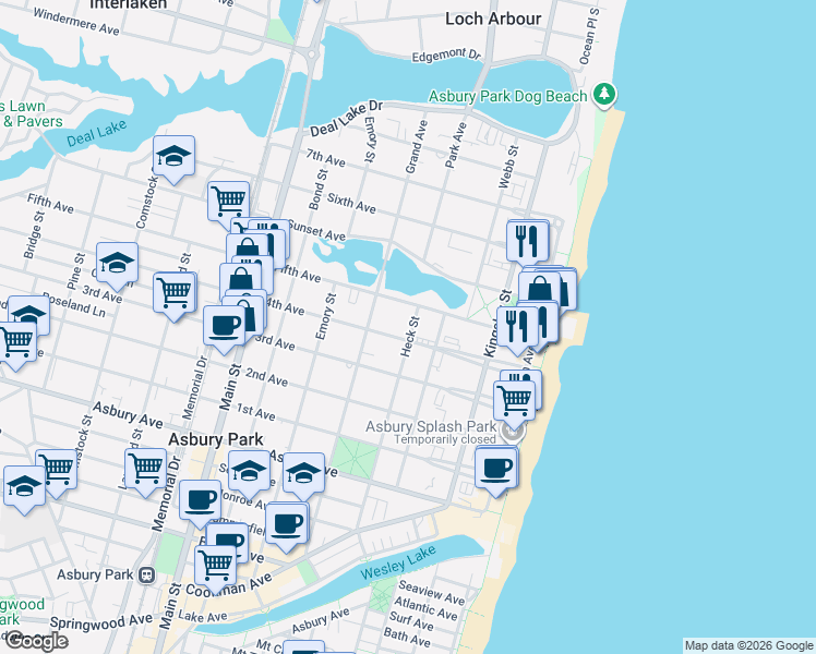 map of restaurants, bars, coffee shops, grocery stores, and more near 1209 Heck Street in Asbury Park