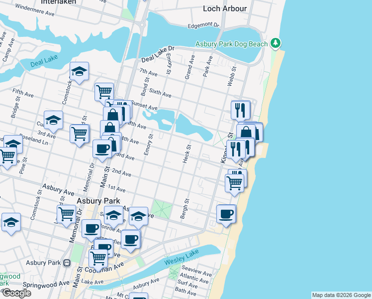 map of restaurants, bars, coffee shops, grocery stores, and more near 1203 Heck Street in Asbury Park
