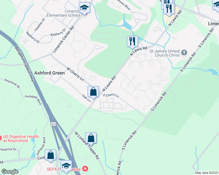 map of restaurants, bars, coffee shops, grocery stores, and more near 722 North Lewis Road in Limerick