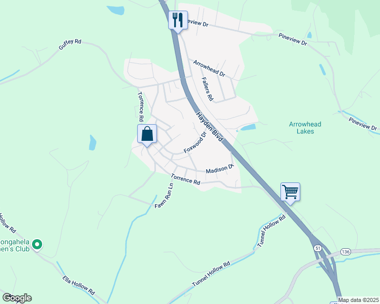 map of restaurants, bars, coffee shops, grocery stores, and more near 2020 Foxwood Drive in Elizabeth