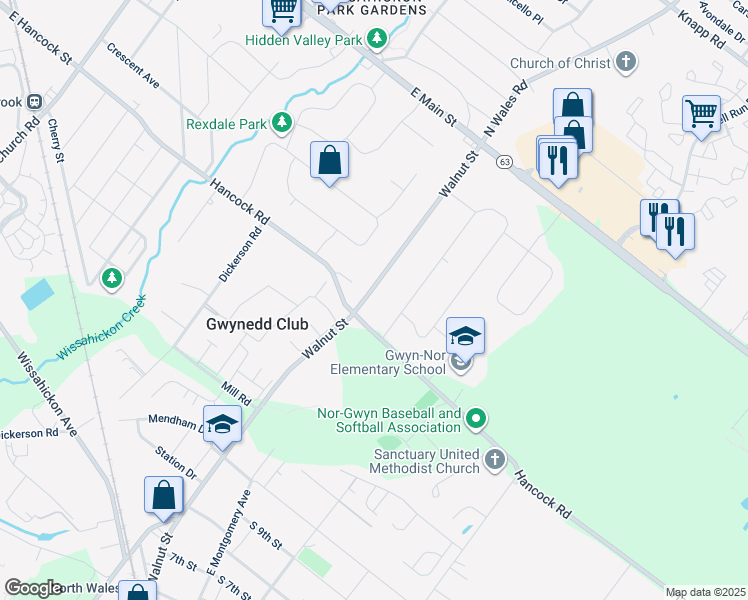 map of restaurants, bars, coffee shops, grocery stores, and more near 1408 North Wales Road in North Wales