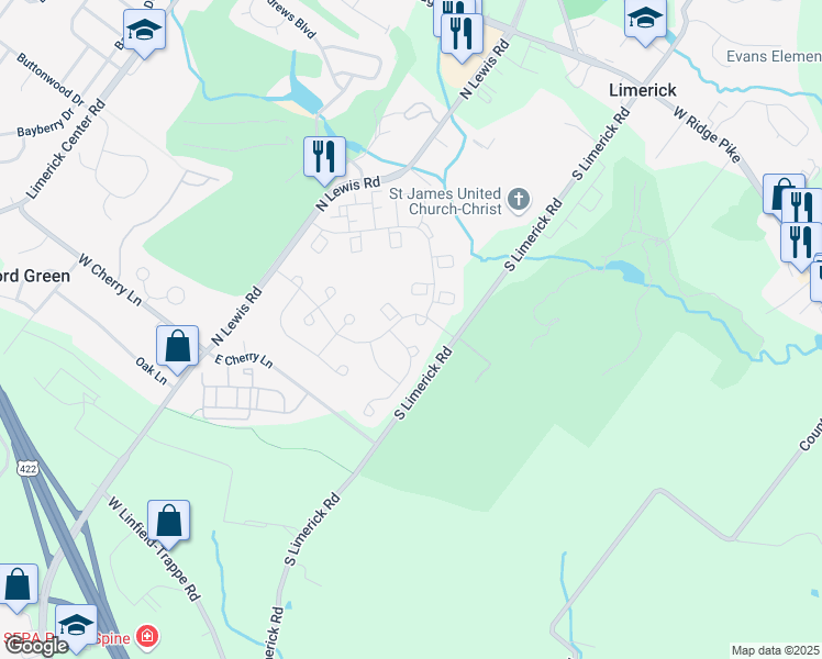 map of restaurants, bars, coffee shops, grocery stores, and more near 1 Lion Court in Royersford