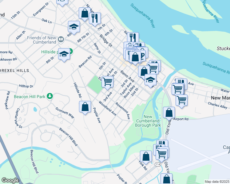 map of restaurants, bars, coffee shops, grocery stores, and more near 601 3rd Street in New Cumberland