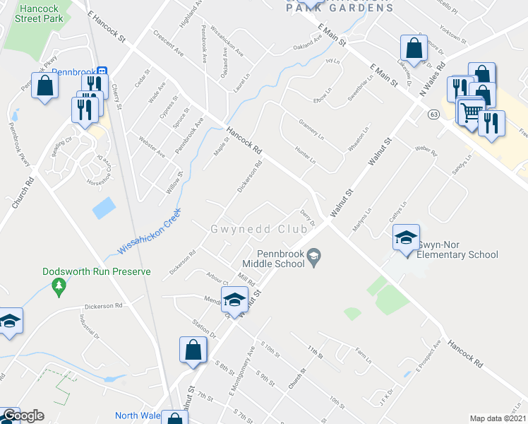 map of restaurants, bars, coffee shops, grocery stores, and more near 36 Shannon Dr in North Wales