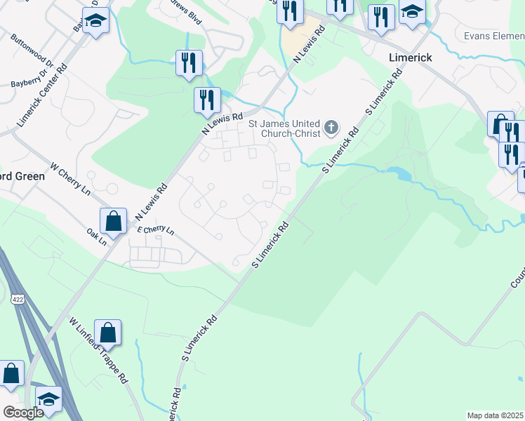 map of restaurants, bars, coffee shops, grocery stores, and more near 5 Lion Court in Royersford