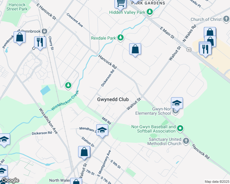 map of restaurants, bars, coffee shops, grocery stores, and more near 36 Shannon Dr in North Wales
