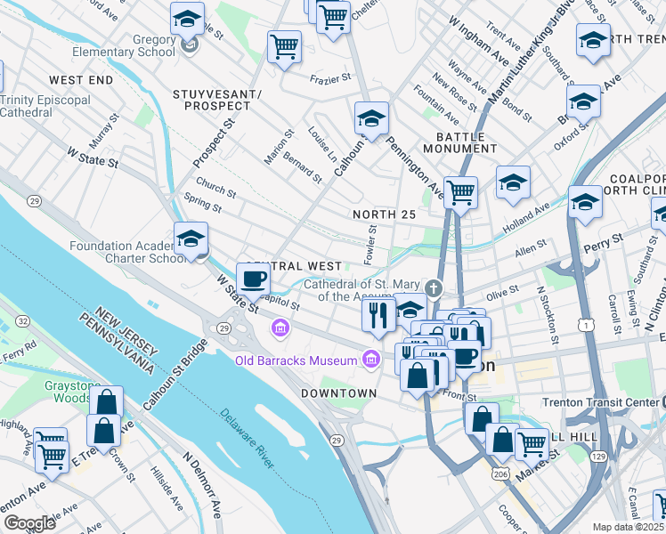 map of restaurants, bars, coffee shops, grocery stores, and more near 77 Spring Street in Trenton